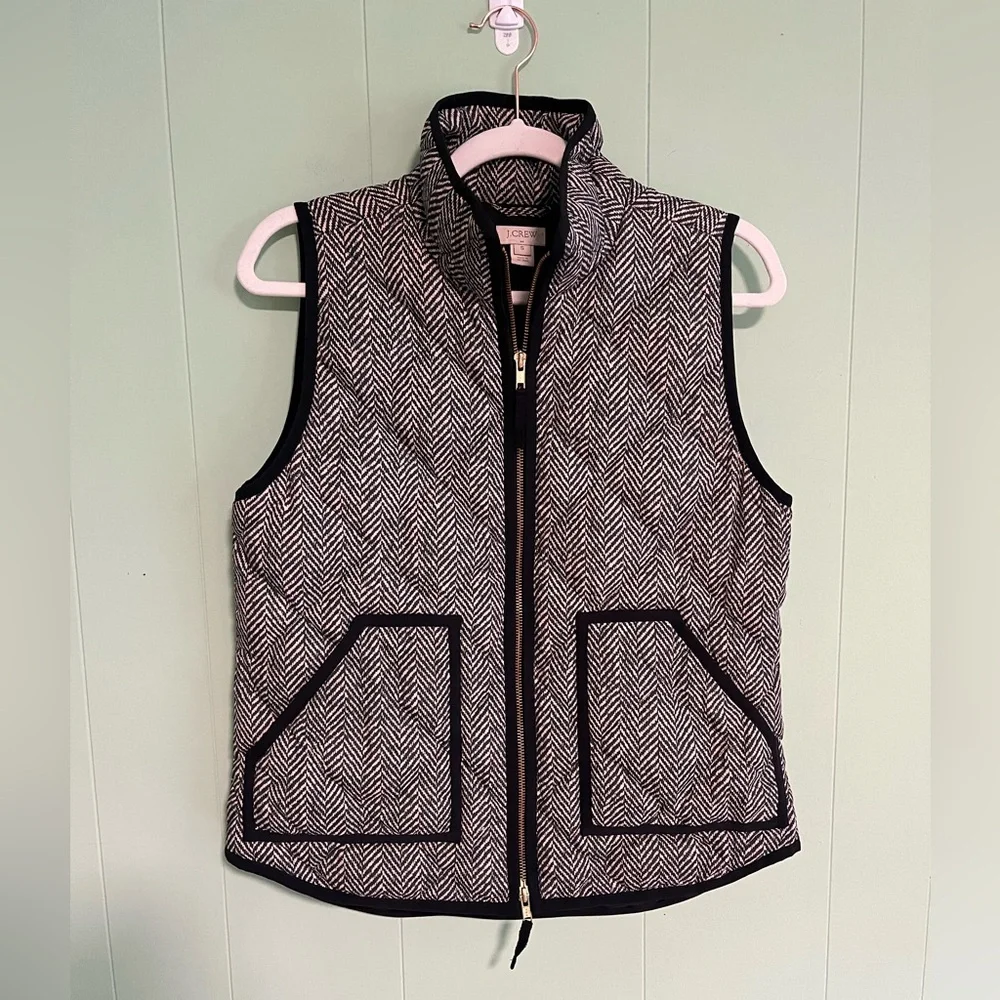 J CREW Down Filled Puffer Vest Herringbone Black White Winter Fall Class…